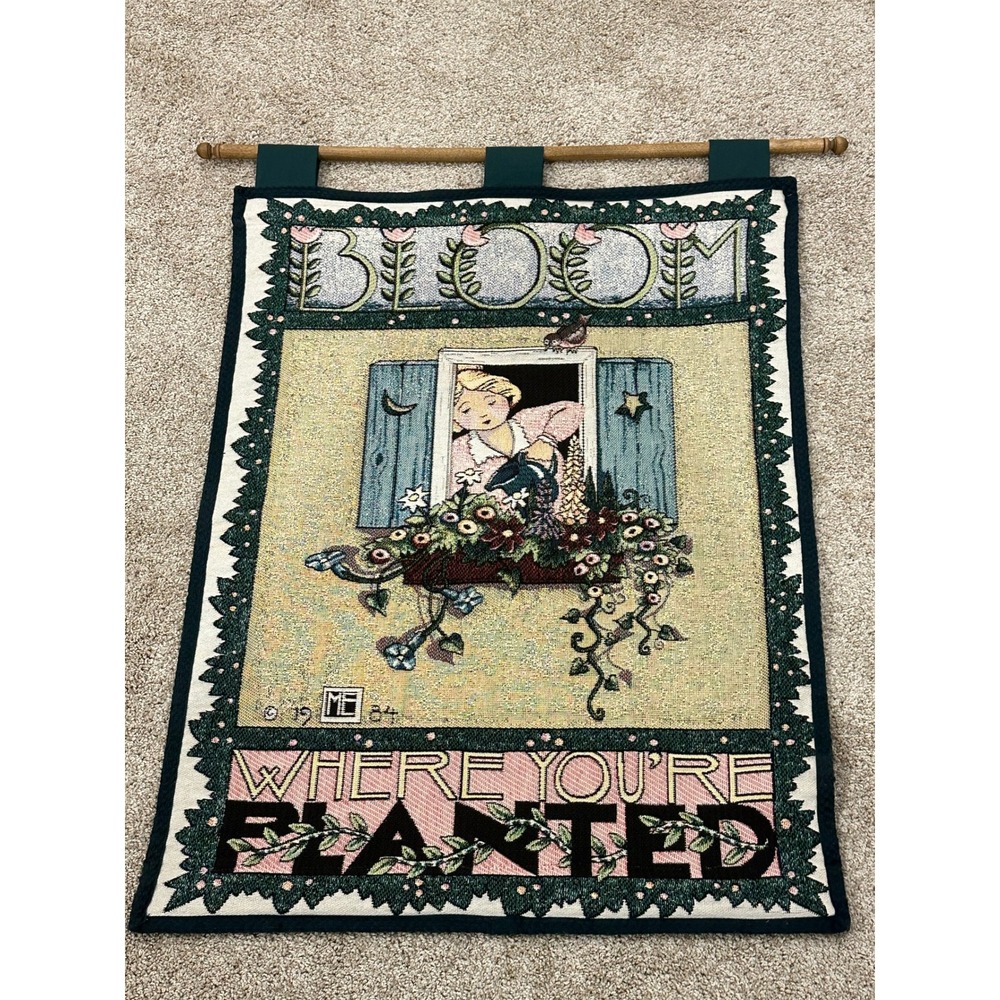 Mary Engelbreit VTG Tapestry Girl Watering Flowers Bloom Where You are Planted